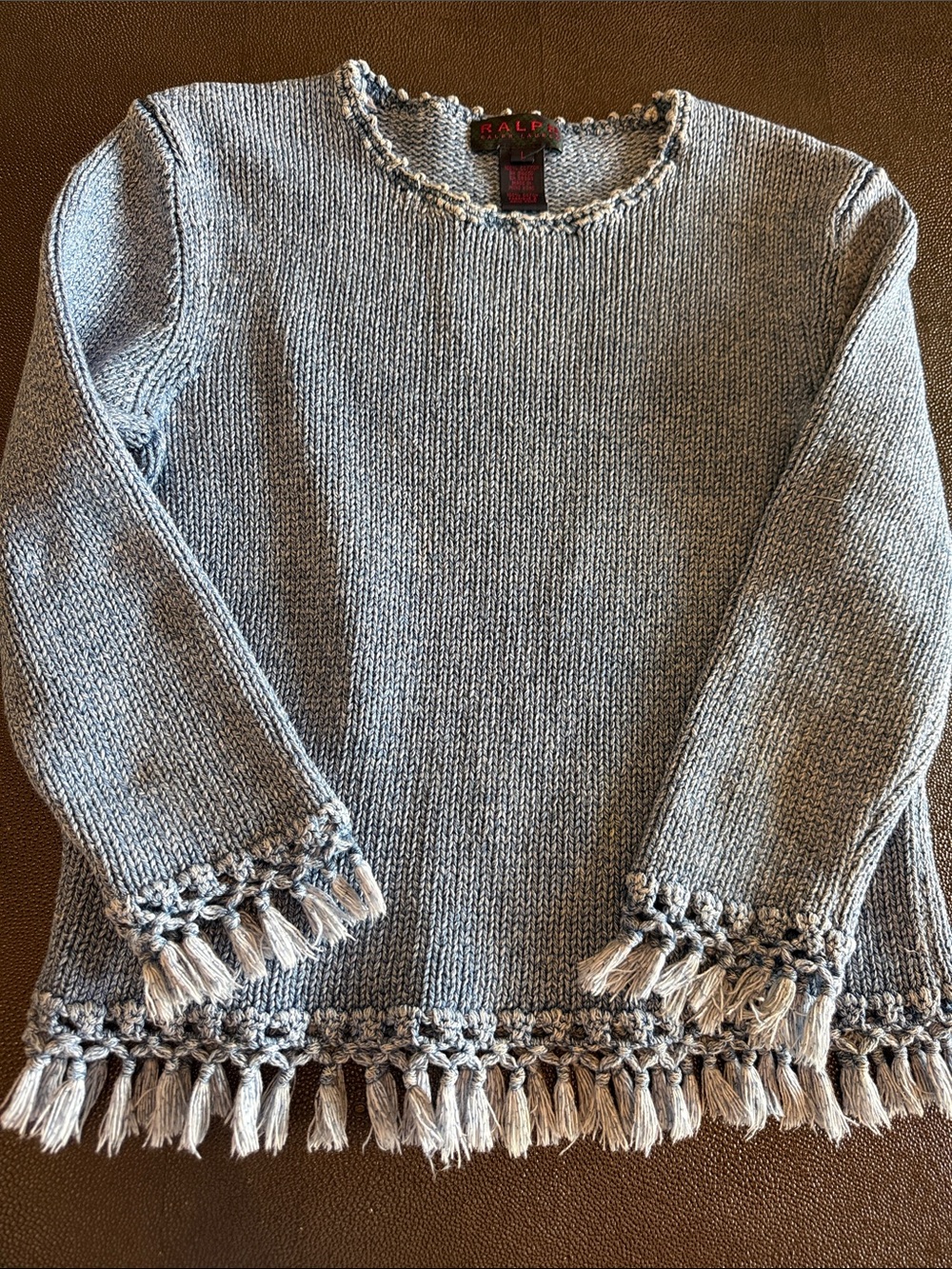 Ralph Lauren Denim Blue Crewneck Sweater with Fringe Crochet Trim size Girls L